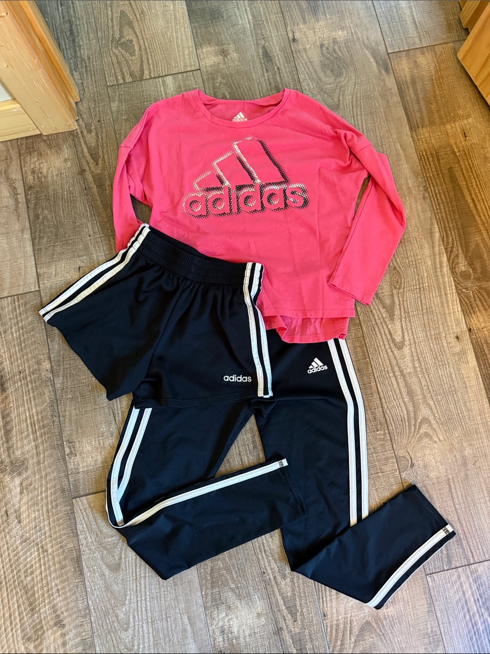 adidas Pink Long-Sleeve Top with Black Shorts & Black Track Pants